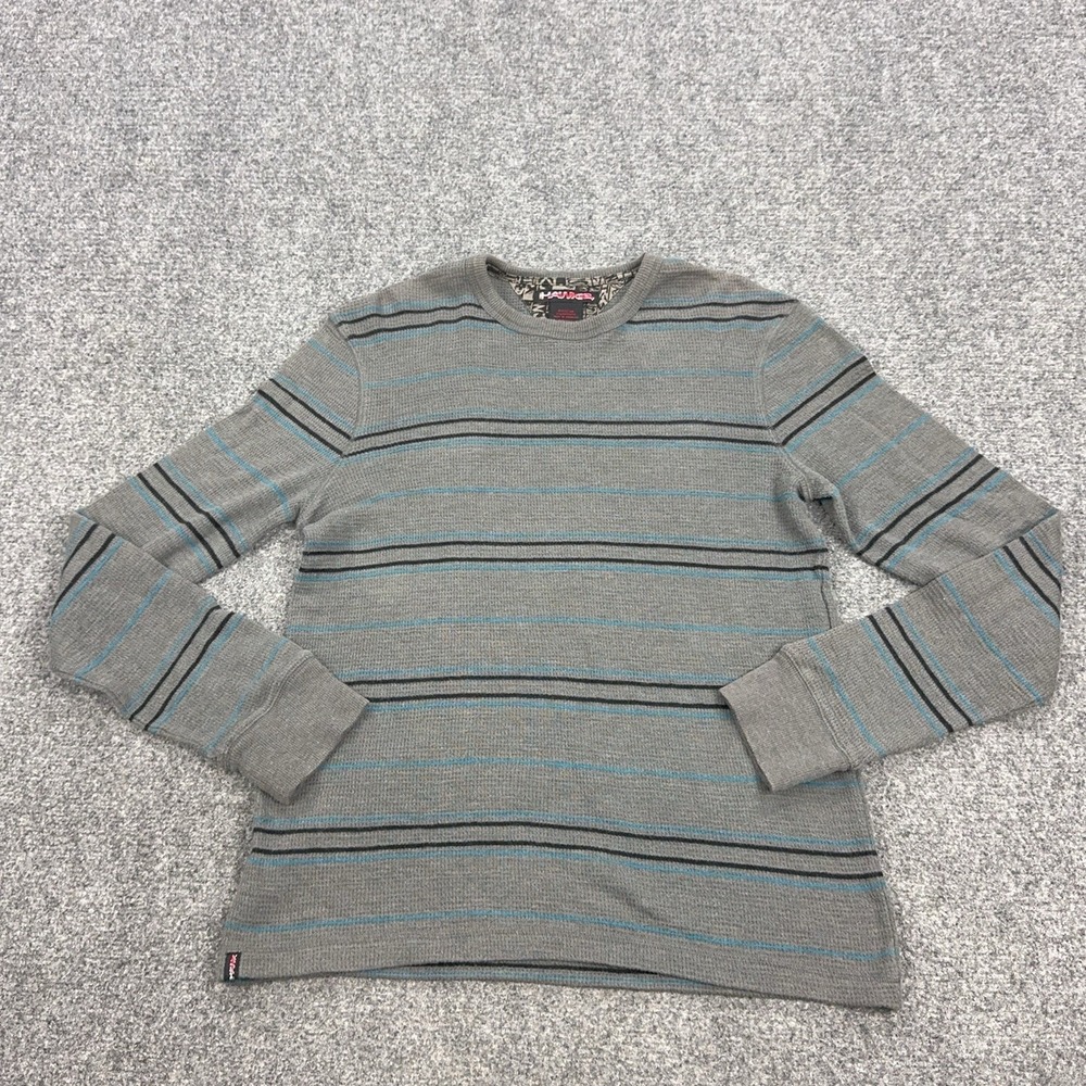 Tony Hawk Sweater Mens Medium Gray Crewneck Striped Waffle Knit Pullover Thermal